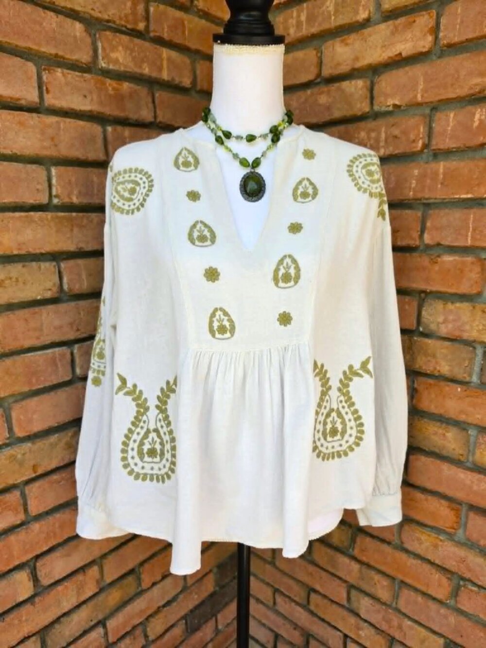 Zara Ivory Embroidered Boho Blouse Olive Green Peasant Top Flowy Sleeve Medium - Picture 2 of 12